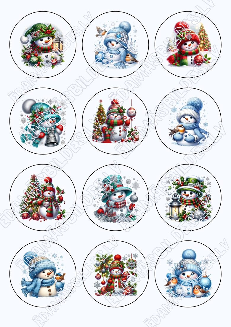 Cukura papīrs ar apdruku "Sniegavīrs", aplīši 6 cm